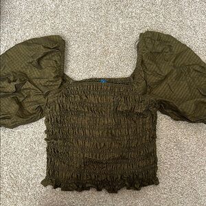 Olive Green Smocked Puff Sleeve Top